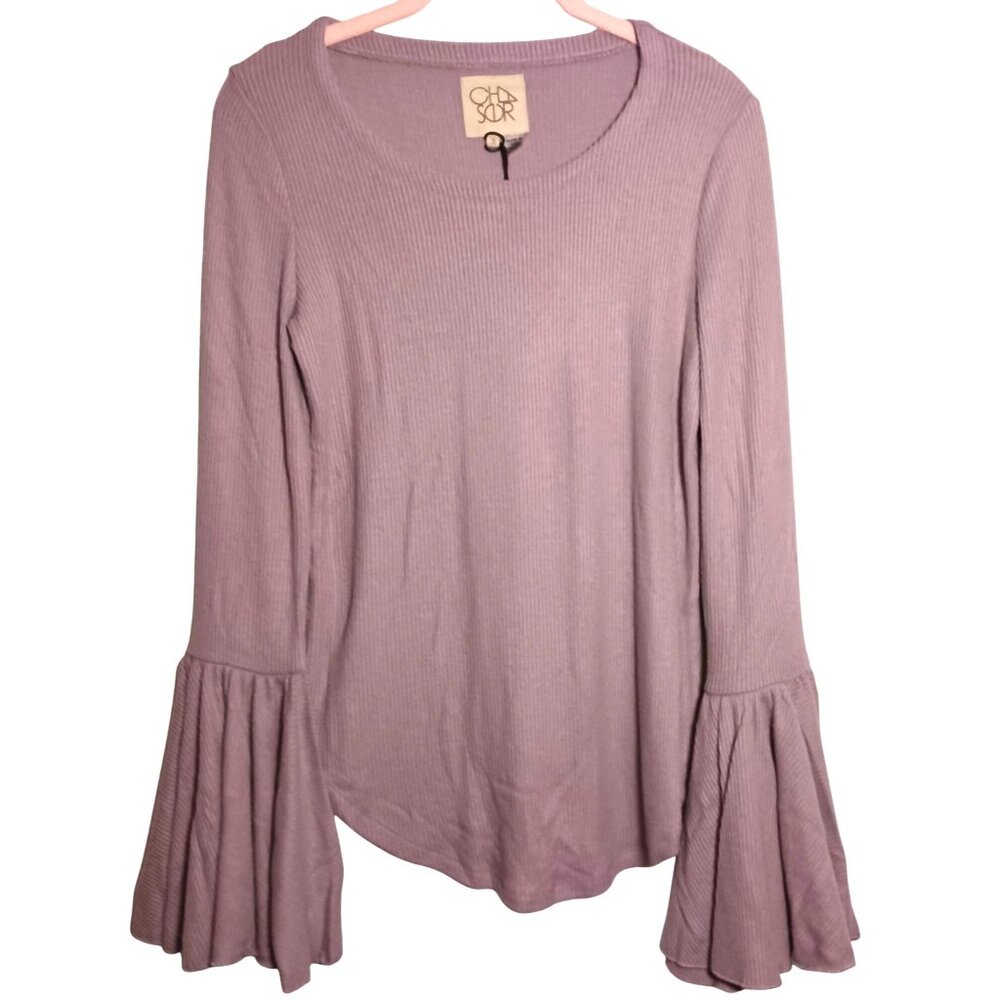NEW Chaser Ribbed Pullover Top Long Bell Sleeves in‎ Heliotrope/Light Mauve, S